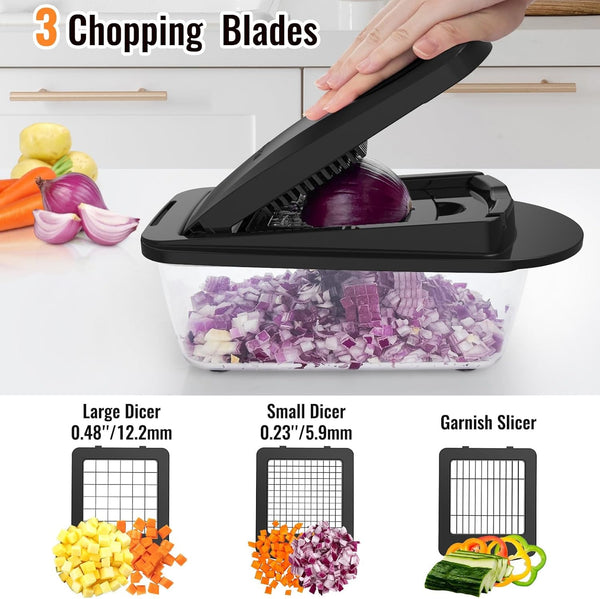 8-Blade Cook Tool & Gadget Sets, Chopper Slicer Grater Set, Black | Vegetable Chopper Mandoline Slicer Food Grater with Container for Onion, Veggie Salad4