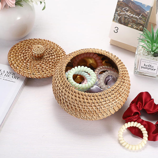 round Rattan Basket Box with Lid Wicker Storage Baskets Bin, X-Small4