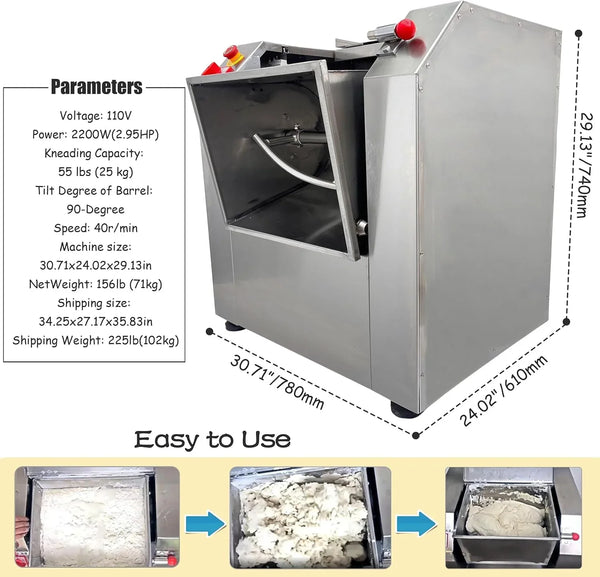 110V Commercial Dough Mixer Machine 25 KG Kneading Capacity Electric Food Mixer Flour Mixer 2200W/2.95HP for Dough Mixing Kneading2