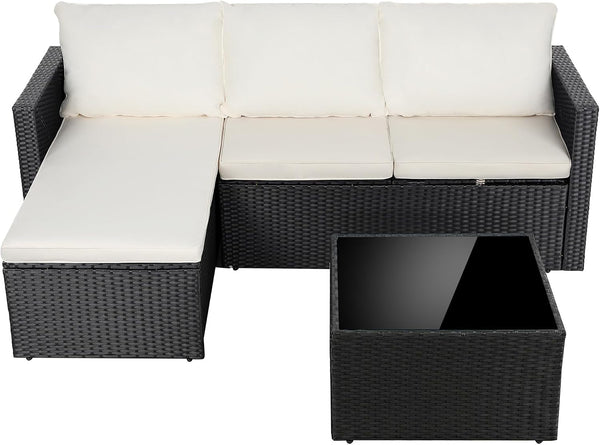 4 Pieces Patio Furniture Set, 2-In-1 Convertible Sectional Sofa & Chaise Lounge, All-Weather Wicker Rattan Sofa Couch with Cushions & Coffee Table for Yard, Garden, Porch, Poolside (Beige)2
