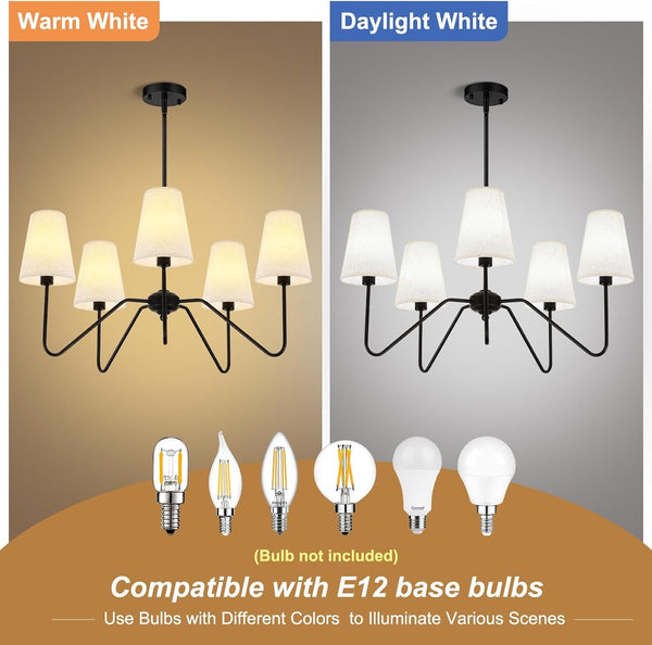 5-Light 30" Black Modern Farmhouse Chandelier with White Fabric Shade4