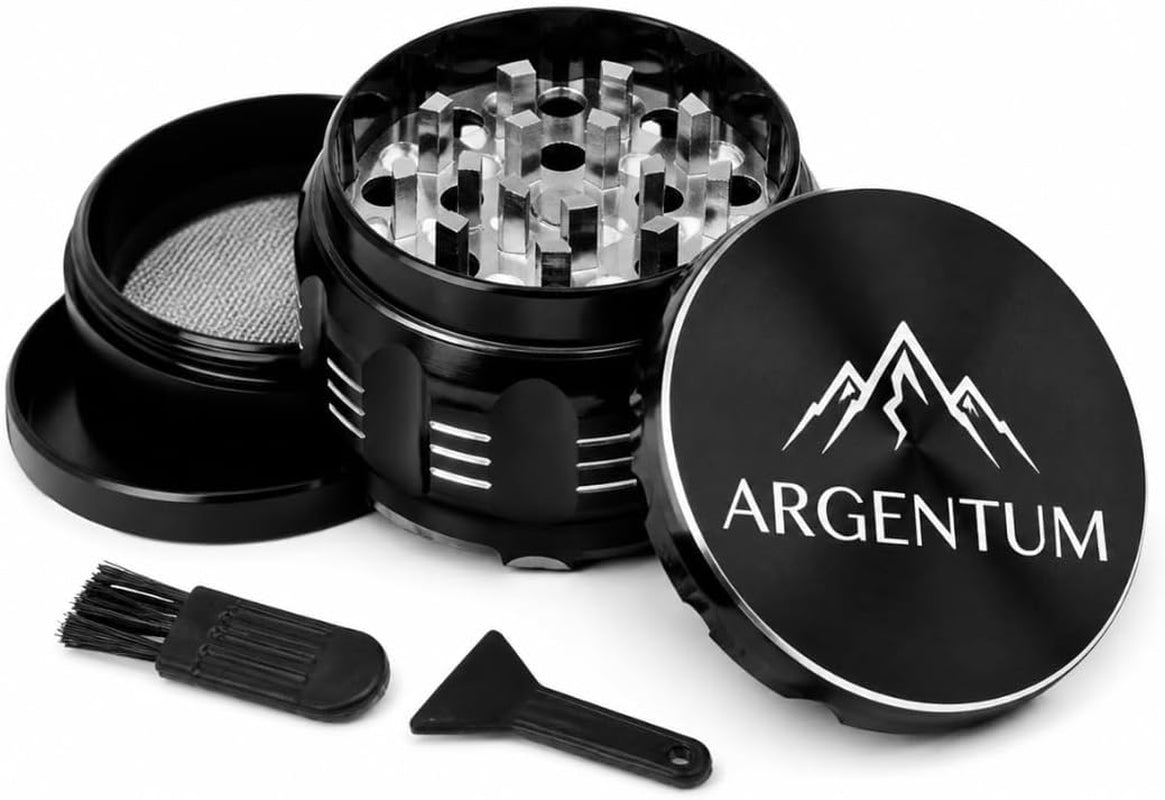 argentum-2-5-inch-manual-herb-spice-grinder-mill-4-piece-small-aluminum-kitchen-grinder-for-salt-pepper-seasonings-with-magnetic-lid-steel-sieve-cleaning-brush-compact-food-prep-tool
