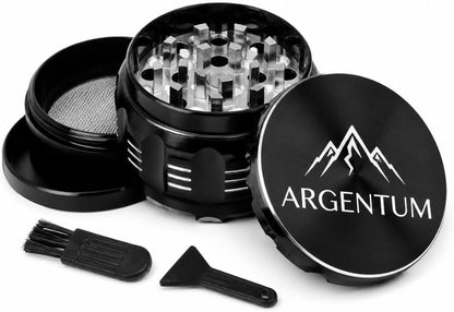 ARGENTUM 2.5 Inch Manual Herb & Spice Grinder Mill - 4 Piece Small Aluminum Kitchen Grinder for Salt, Pepper, Seasonings with Magnetic Lid, Steel Sieve, Cleaning Brush - Compact Food Prep Tool1