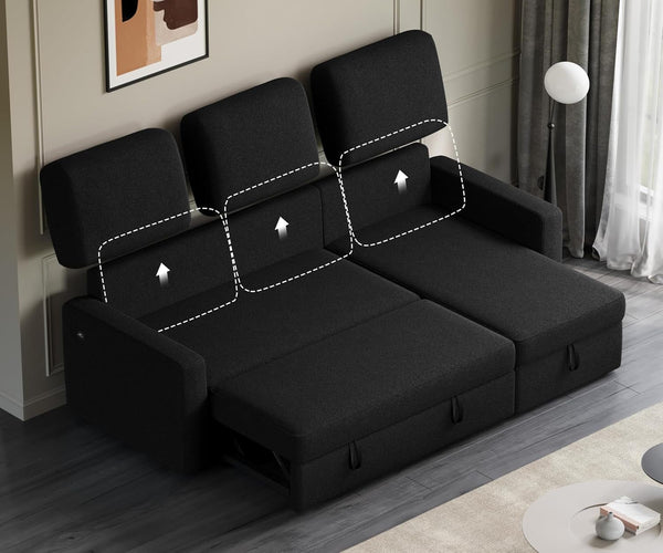 L Shaped Pull Out Sectional Sofa Bed with Storage, Black6