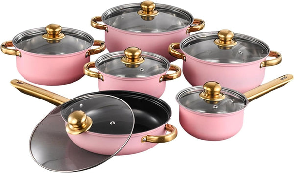 6 Pieces Pots and Pans Nonstick Cookware Set Stainless Steel Milk Saucepan Frying Pan Kitchen Utensils Glass Lids Wear Resistant Comfortable Handles S, Pink1