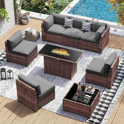 Patio Furniture Set with 44'' Fire Pit Table, 8 PCS Outdoor Sectional Furniture Sets, Slanted Back Outdoor Conversation Set PE Rattan Sofa for Porch W/Coffee Table, Grey1