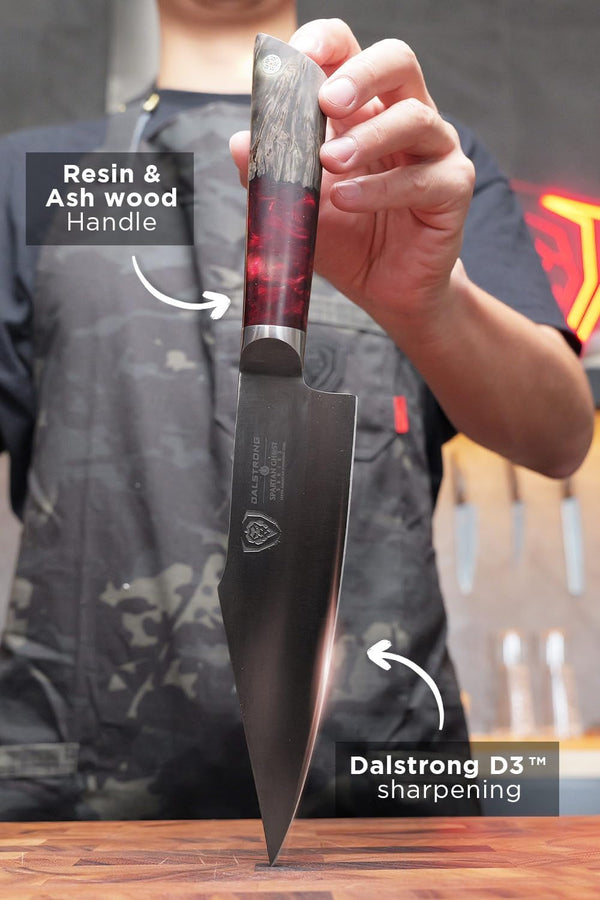 Santoku Knife - 7 Inch - Spartan Ghost Series - Premium American Forged S35VN Powdered Steel Kitchen Knife - Razor Sharp Kitchen Knife - Maple & Red Resin Handle - Vegetable Knife - Sheath3