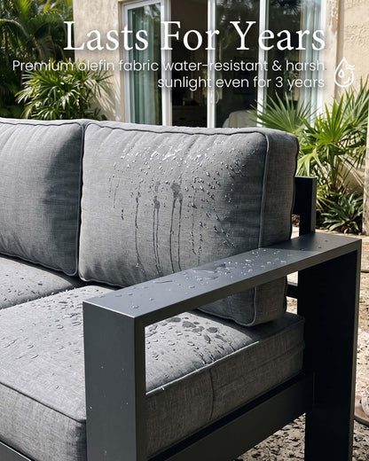 5 Pieces Aluminum Outdoor Patio Furniture Set, Metal Modern Conversation Sofa Set with Fire Pit Table and Washable Thick Cushions for Porch, Backyard, Deck6