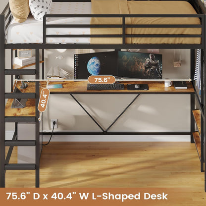 Loft Bed Twin Size with Hall Tree, Charging Station and LED Lights, Metal Loft Bed with L-Shaped Desk, 5 Storage Drawers, Heavy Duty Twin Size Bed with Stairs, No Box Spring Needed, Black5