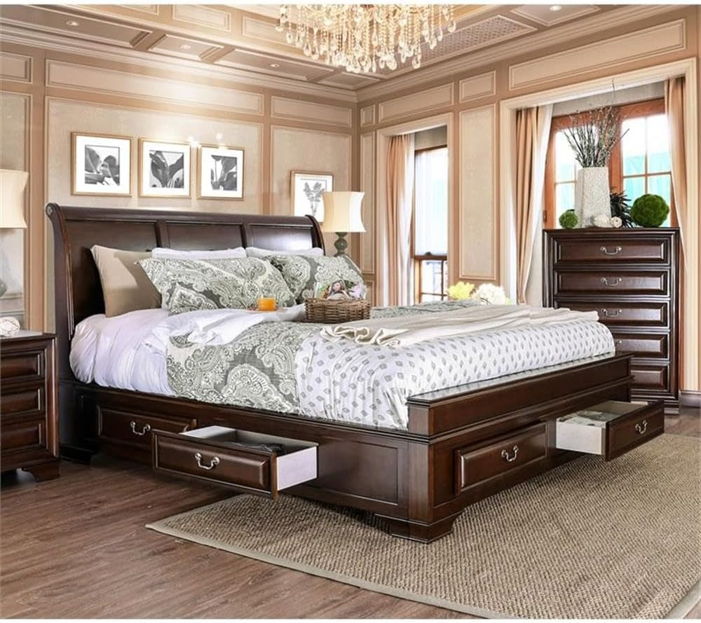transitional-wood-queen-storage-platform-bed-brown-cherry-finish-91-75-l-x-64-75-w-x-54-h-6-drawers-arched-panel-headboard-solid-wood-frame-durable-mdf-slats-bedroom-furniture