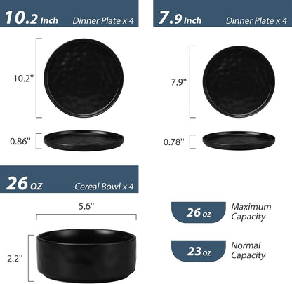 12 Pieces Stoneware Dinnerware Set for 4, Obsidian Matte Black2