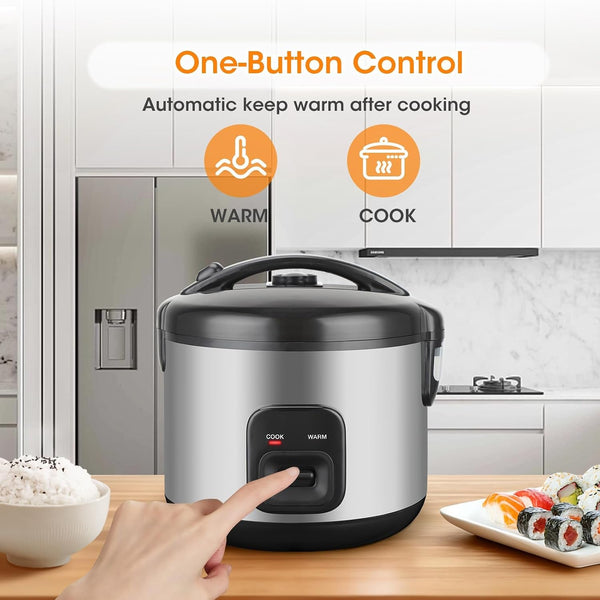 Small Rice Cooker 6 Cups Uncooked with Steaming Basket | Stainless Steel Exterior,Removable Non-Stick Inner Pot for Soups,Stews,Grains&Oatmeal,Compact One Touch & Auto Keep Warm3