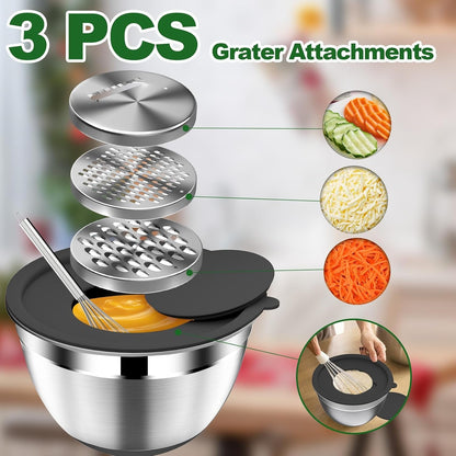 Mixing Bowls with Lids Set - 16Pcs Stainless Steel Mixing Bowl Set with Colander, 3 Grater Attachments, Non-Slip Bottom, Metal Nesting Bowls with Strainer for Mixing & Serving - Black4