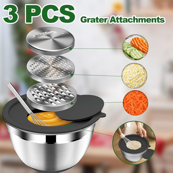 Mixing Bowls with Lids Set - 16Pcs Stainless Steel Mixing Bowl Set with Colander, 3 Grater Attachments, Non-Slip Bottom, Metal Nesting Bowls with Strainer for Mixing & Serving - Black4