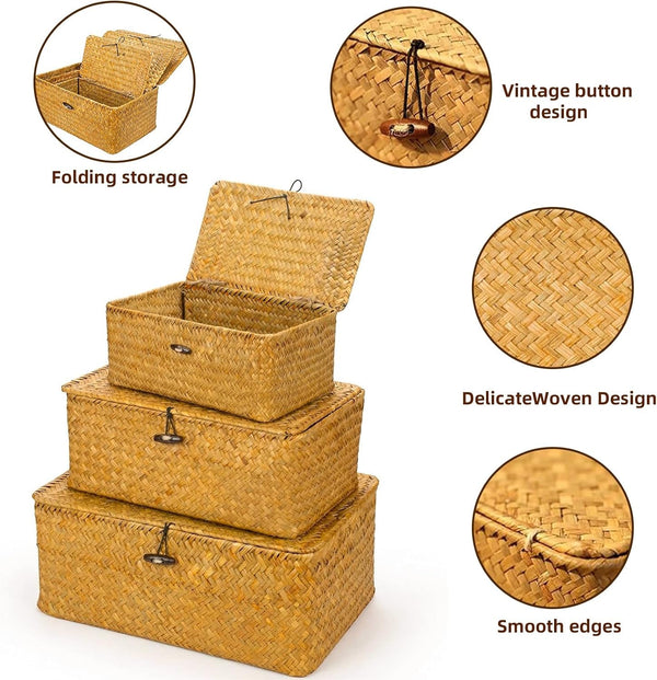 Small Shelf Baskets with Lid Set of 3, Compact Handwoven Seagrass Storage Bins Rectangular Wicker Basket for Shelf Organizer, Closet, Desktop3