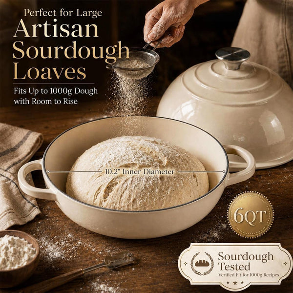 6QT Dutch Oven for Bread Baking, Enameled Cast Iron Dutch Oven Pot with Lid, Multi-Functional Bread Pan, Sourdough Baking Supplies with Proofing Basket, Cast Iron Bread Oven, Silicone Sling & Gloves.5
