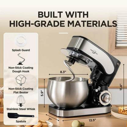 Stand Mixer 5.3QT Tilt-Head 6+P Speed Household Food Mixer Black | Lightweight Tilt-Head Kitchen Mixer with Egg Cream Whisk,Dough Hook,Flat Beater&Splash Guard,For Baking Cake,Pizza&Sugar2