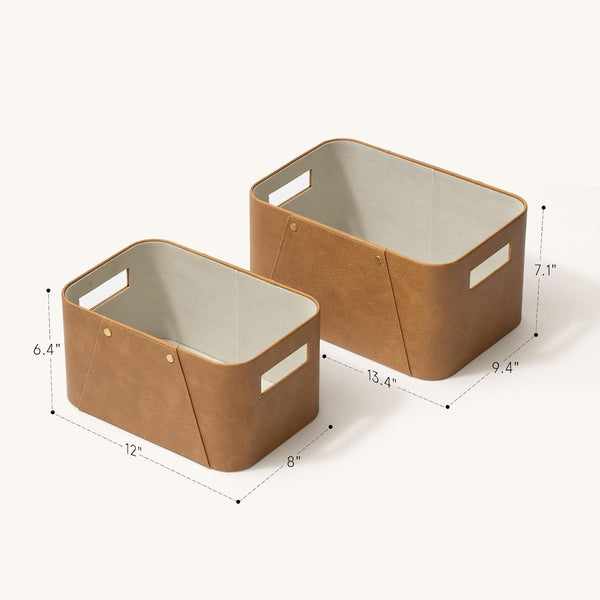 Faux Leather Storage Baskets for Organizing, Camel 2 Pack4