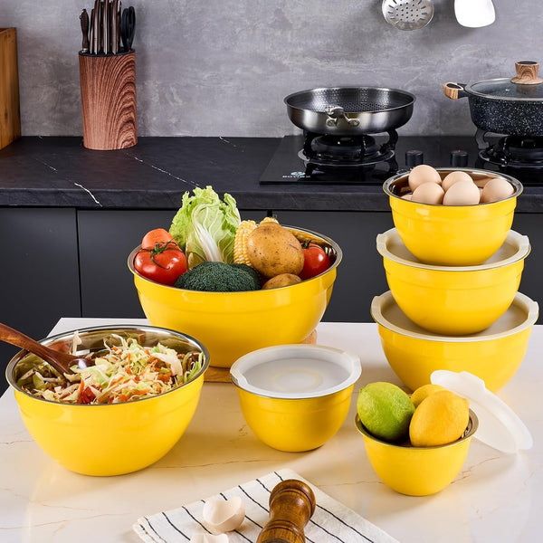 Yellow Mixing Bowls with Airtight Lids,Stainless Steel Bowl,Salad Bowls 7 Piece Colorful Nesting Bowl Yellow Kitchen Accessories,Size 7,3.6,2.7,2.1,1.5,1.1,0.8QT Stackable Design8