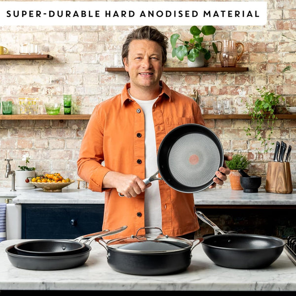 Tefal Jamie Oliver Cook'S Direct 5 Piece Non-Stick Pan Set, 20 and 28 Cm Frying Pans, 16&18&20 Cm Saucepan with Lid, Heat Indicator, Riveted Safe-Grip Handle, Induction Hob Compatible, E017S5553