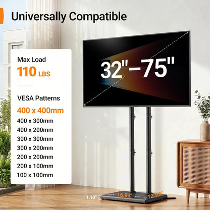 Universal Floor TV Stand for 32–75" Tvs up to 110 Lbs, Height-Adjustable Tall TV Stand with Solid Wood Base & Extra-Stable Anti-Tip Feet, Swivel TV Mount for Bedroom, VESA 400X400, PGFLS34B2