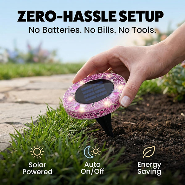 8 Pk Mosaic Solar Lights Outdoor LED Disk Pathway Lights, Pink3