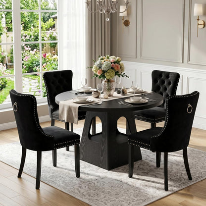 47" Black round Dining Table Set for 6, round Dining Room Table Set for 6 with Tufted Nailhead Chairs, Arched Pedestal Base, Modern Farmhouse Dining Table Set for Kitchen & Entertaining8