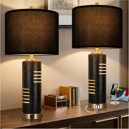 27.5" Faux Stone Table Lamps Set of 2 with USB and Night Light1