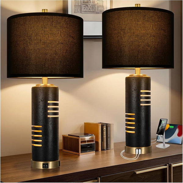 27.5" Faux Stone Table Lamps Set of 2 with USB and Night Light1