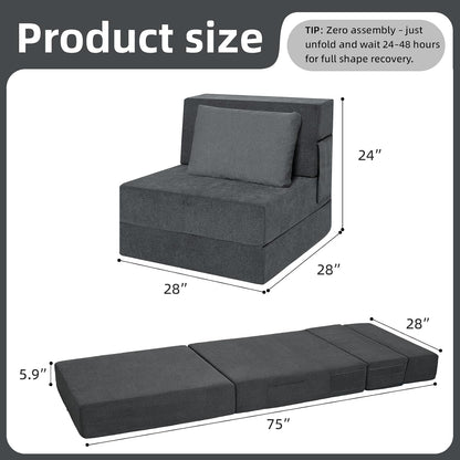 Folding Sofa Bed, Convertible Sleeper Chair with Pillow, Fold Out Chair Bed, High-Density Foam Floor Couch Bed, Foldable Futon Couch Lounge for Living Room (Grey, Single)2