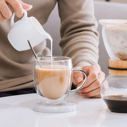 6 Pack Double Walled Coffee Cups Glasses Mug 12Oz Borosilicate Glass | Espresso Cappuccino Latte Tea Cups with Handle, Insulated Heat Resistant Clear Drinking Cups, Hot and Cold Beverages, 350Ml3