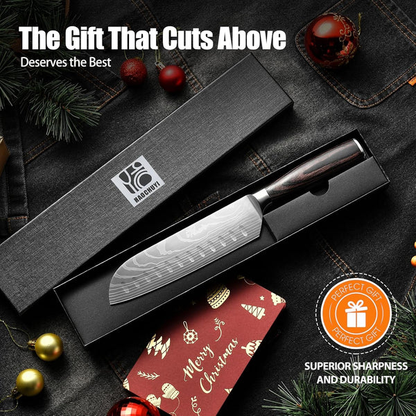 Santoku Knife 7 Inch - Ultra Sharp Japanese Steel Kitchen Knife, All-Purpose Chef Knife with Ergonomic Handle, Perfect for Slicing, Dicing, and Chopping, Luxury Gift Box Included9