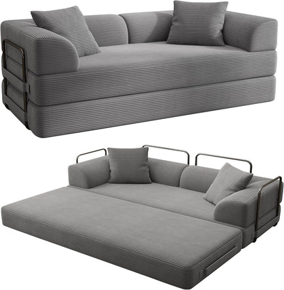 Cloud Boneless Couch Futon Sofa Bed, 5-In-1 Convertible Sofa Bed Pull Out Couch Sleeper Sofa Compressed Loveseat, 70" High-Density Sponge & Corduroy Fabric Futon Daybed for Living Room Bedroom (Gray)9