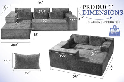 105" L-Shape Modular Sectional Sofa Couch for Living Room,No Assembly Required,Modular Comfy Sofa with Deep Seat for Living Room Bedroom,Luxury Distressed Velvet(Left,Grey)2