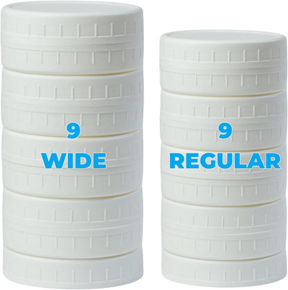 18 Pack White Plastic Mason Jar Lids with Silicone Rings, 9 Wide Mouth & 9 Regular Mouth Jar Lids for Ball & Kerr and More, 86Mm &70Mm Plastic Mason Jar Lids1