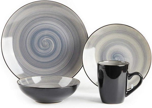 Sonoma 16 Piece Stoneware Dinner Set, Samoa, outside Black + inside Hand Painted Combi Colors of Grey, Orange, Purple and Turquoise) with Speckle4