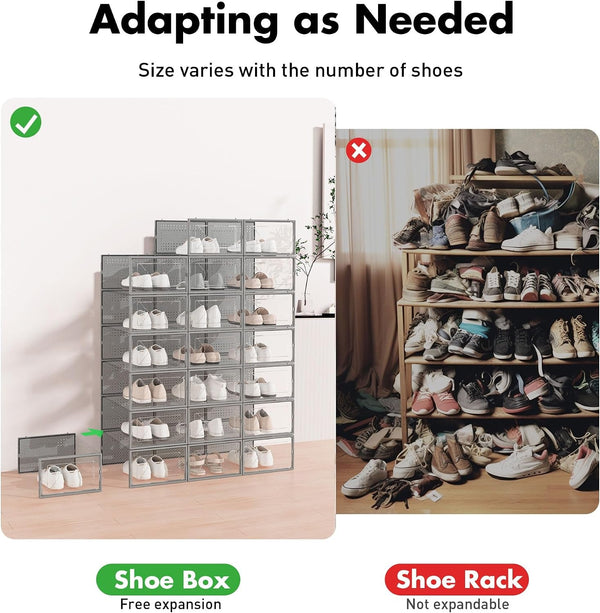 Shoe Storage Box, 15 Pack Clear Plastic Stackable Organizer for Closet, Interlocking Design Shoes Container Bins for Sneakers, Foldable Shoe Rack with Lids, Grey4