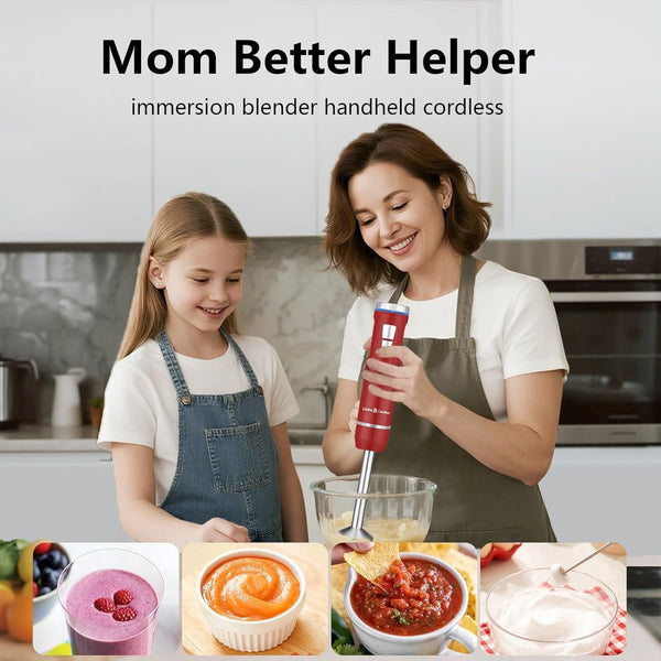 Cordless Immersion Blender, 3-In-1 Handheld Stick Blender | Rechargeable Electric Mixer Set with Whisk & Milk Frother, 8-Speed Hand Blender for Shakes, Soups, Coffee, Zero BPA (Red)4