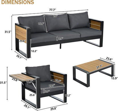 Large 4-Piece Outdoor Patio Furniture Set for 5 Person, 3-Seater Sofa, 2 Armchairs with Fold-Out Side Tables, Aluminum Frame & Plastic-Wood, Modern Garden/Patio Seating, Grey Cushions2