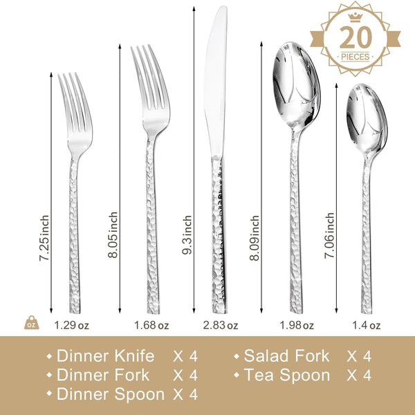 20 Piece Hammered Silverware Set, 18/10 Stainless Steel Flatware Set for 4 |  Mirror Polished Knives Forks Spoons Utensils, Cutlery Set for Home, Party, Wedding, Housewarming, Dishwasher Safe2