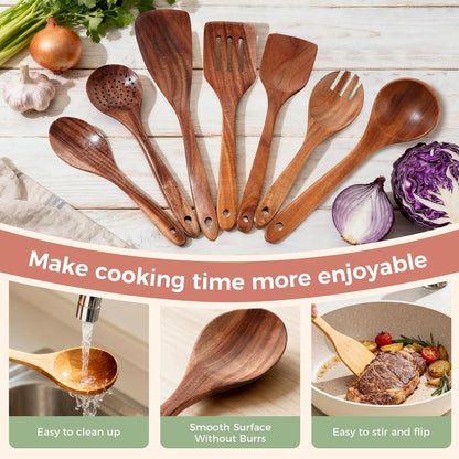 Wooden Spoons for Cooking - 7 Pieces Wooden Kitchen Utensils Set, Smooth Natural Teak Wood Utensil Set, Nonstick Heat-Resistant Cooking Utensils - Lightweight & Sturdy, Wooden Spatula for Cooking7