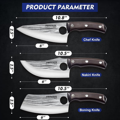 3-Piece 6-Inch Hand-Forged Butcher Knife Set, High Carbon Steel | 6-Inch Chef, Boning and Nakiri Knives with Finger Holes, Red Sandalwood Handles and Gift-Ready Box for Home, Camping and BBQ6