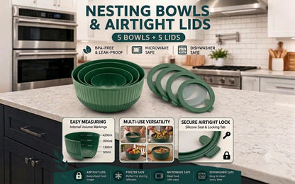 Plastic Mixing Bowls with Lids, 8-Piece Airtight Leak-Proof Nesting Bpa-Free Prep Bowl Set for Kitchen & Food Storage, 500Ml, 1300Ml, 2600Ml & 4200Ml, Microwave & Dishwasher Safe (Green)2