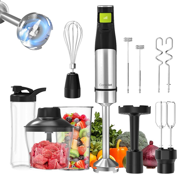 10-In-1 Immersion Hand Blender Max 1100W, Trigger Speed Control | Entire Stainless Steel Blender Shaft, 800Ml Beaker, 600Ml Chopper, Beaters, Frothers, Hooks, Masher, Whisk & 600Ml Cup1