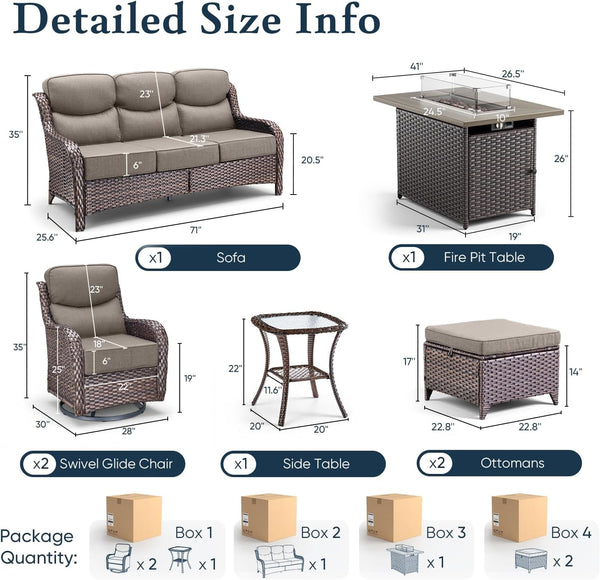 Luxury 6" Thick Cushioned 7 Pieces Patio Furniture Set with Fire Pit Table, Wicker Outdoor Conversation Set with High Back Swivel Rocker Chairs for Deck Porch Yard and Poolside - Brown+Grey2