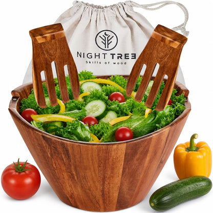 Large Wooden Salad Bowl with Serving Forks Mixing, Wood Salad Bowl Set for Food or Fruits, Magnetic Utensils Fit for 6–8 Servings, Ideal to Family Meals or as a Unique Gift1