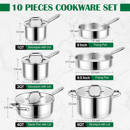 Stainless Steel Cookware Set, 10-Piece Induction Pots and Pans Set | Non-Toxic Kitchen Cooking Set W/Frying Pan, Saucepan, Saute Pan, Stockpot with Lids, Oven & Dishwasher Safe2