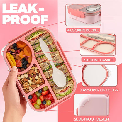 Bento Box for Adults,4 Compartments Lunch Box, Snack Containers Reusable Lunch Containers Drop-Proof, Dishwasher Safe & Made with Bpa-Free Materials, Pink4