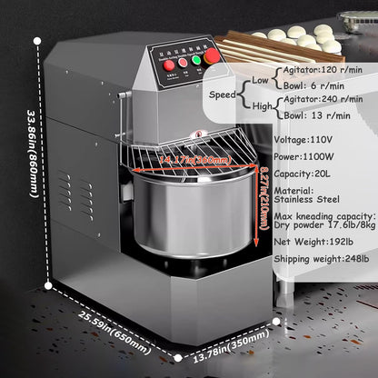 Commercial Dough Mixer Machine Electric Food Mixer with Double Action Double Speed Spiral Mixing for Schools Bakeries Restaurants Pizzerias 110V 20L Capacity2