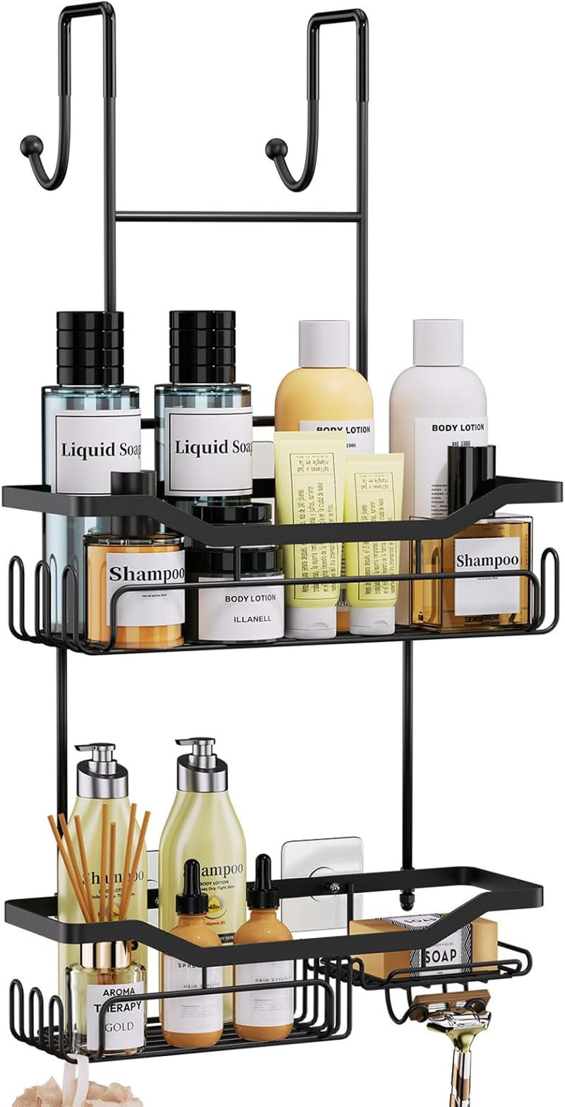 hanging-shower-caddy-over-the-door-with-soap-holder-no-drilling-adhesive-shower-organizer-with-11-hooks-rustproof-waterproof-304-stainless-steel-bathroom-shelves-black